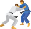 Two judo fighters in traditional blue and white colors. Martial arts competition - sambo, judo, karate, jiu jitsu, wrestling. Flat style vector clip art isolated on white background.